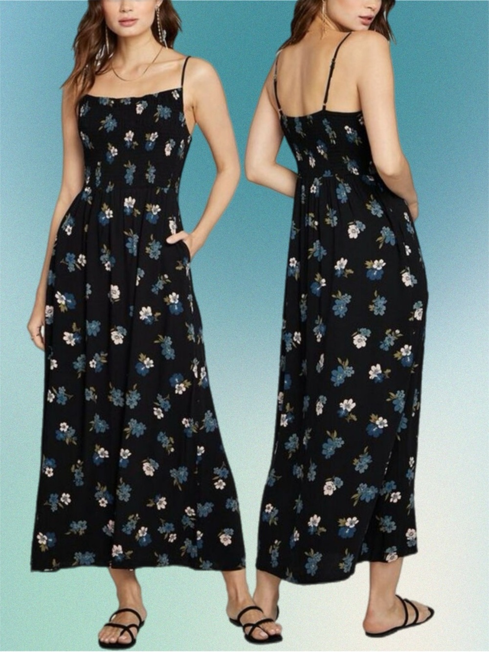 Saltwater Luxe Leighton Tank Maxi Dress Black Blue Floral Pockets Smocked Medium